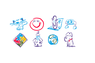 Drawing of variations of Clippy’s avatar: a cat, a red dot, a paperclip, a small robot, the Windows 97 logo, a wizard, mother earth and a puppy