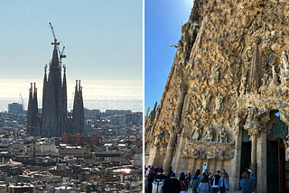 Two photos show the Sagrada Familia cathedral. One shows the building and its numerous spires at a distance with a towering construction crane. The other photo show elaborate carvings around the main entrance.