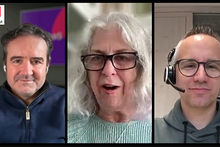 Three people are shown in a Medium video call, each in their panel. The person on the left, Antonio, has dark hair and a beard, the centre features Debra with long gray hair and glasses, while the right panel’s Andreas wears glasses and a headset.