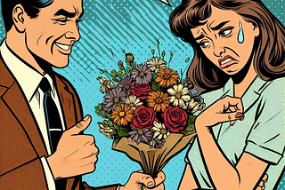 a comic book style rendering of a man holding a boquet of flowers out to a woman who has a look of disgust across her face