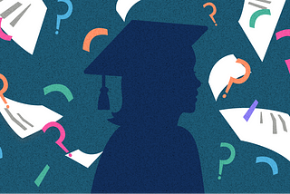 The silhouette of a cap-and-gown graduate looks onward while papers and question marks rain down.