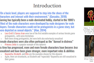 A screenshot from a presentation on female video game protagonists