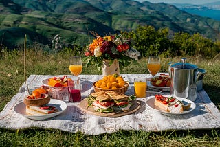A picnic set out woth delicious foid amid glorious scenery of the mountains.
