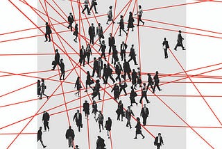 A mass of silhouetted people, walking in different directions. Each of them is tailed by a red piece of thread.