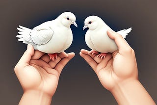 Two doves are held gently in each hand.