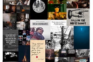 Multiple images collected together in a digital collage. The images represent different things for different people; with some being about breaking boundaries, some about the chaos represented in the stringing of too many power lines on one power line pole, and others of an astronuant sitting ontop of the moon.