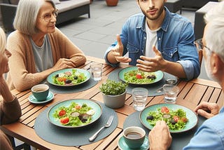 A group of four people having lunch and a young man using his hands to explain something