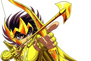 imagem: seiya com armadura de sagitário apontando a flecha dourada.