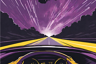 Two hands tightly grip the steering wheel of a car that’s speeding down the highway so fast that the rain falling from the purple sky is pouring horizontally.
