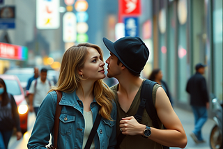 an image of two strangers recogizing each other by coincidence from a distance on a busy street