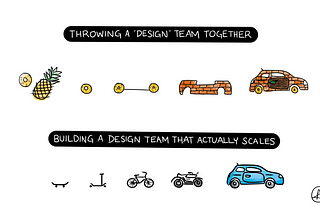 Throwing a design team together symbolized by a car made up of pineapples and bricks and wood. Building a design team that actually scales symbolized by skateboard to scooter to bicycle to motorcycle to car.