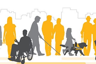 Image portraying various individuals with varying disabilities, including people using a walker, stroller, wheelchair, cane, and service dog. Folks without any equipment are also shown, implying invisible disabilities.