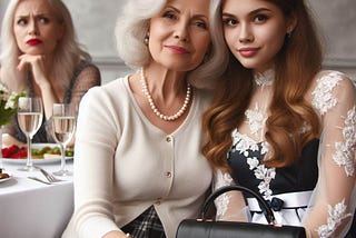 AI picture of a grandma and her granddaughter, a middle aged woman frowning in the background