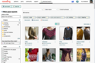 Screencapture of Ravelry.com’s search results for a v-neck pullover using fingering weight yarn with 2 colours.