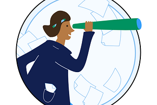 Illustration of a woman in a lab coat looking through a spyglass with sheets of paper flying through the air.