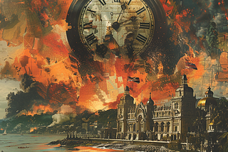 A vibrant digital art piece depicting the 38-minute Anglo-Zanzibar War, with a large vintage clock face in the center showing the time 9:38. The clock is surrounded by a collage of elements including: A British Navy warship firing cannons at a grand, ornate palace on the shores of Zanzibar Sultan Khalid bin Bargash fleeing on a small boat, his robes billowing in the wind The British flag and the flag of the Sultanate of Zanzibar waving in the background A map of Zanzibar and the surrounding regi