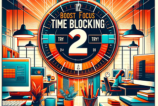 This image features a cover for a blog post titled “Boost Focus with 2-Hour Time Blocking: Try It!” prominently displaying a digital timer set to two hours in the center, against a vibrant desk setting. The background, a blurred office environment, complements the foreground. The color scheme includes energizing oranges and reds, with the text overlay in bold, clear fonts, integrated smoothly above the timer.