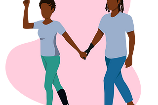 An illustration of a man and woman holding hands. The woman has a prosthetic leg and the man has a prosthetic hand.