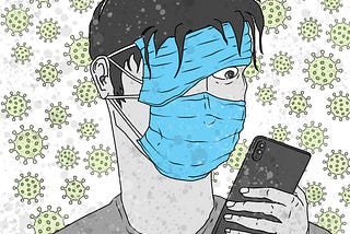 person with surgical mask on eyes and mouth looking at phone