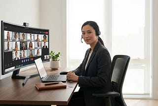 Executive leading a virtual meeting on a laptop with a headset in a home office