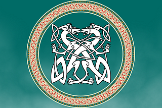 Two stylised dragons face each other inside a circle designed to resemble Celtic knots.