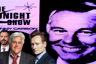 David Letterman, Jimmy Kimmel, Jay Leno, and Conan O’Brien in front of a picture of Johnny Carson and his The Tonight Show logo.