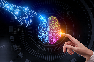 hyperautomation — robot hand and human hand touching human brain