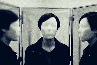 a triple mirror with three faceless people