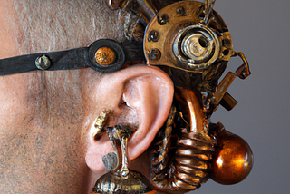 steampunk device attached to a human ear