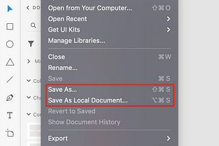 Image 1 : The “Save As” & “Save As Local Document” options with their shortcuts on XD for Mac OS