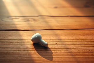 A wireless earbud lies on a wooden surface with sunlight streaming in through a nearby window.