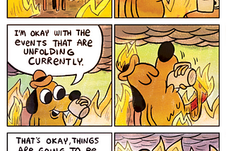 Comic with a room on fire and the dog says, ‘It’s fine.’ An often used meme for not acknowledging mental health issues.