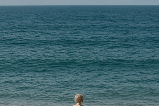 An older woman and a dog facing the vastness of the ocean