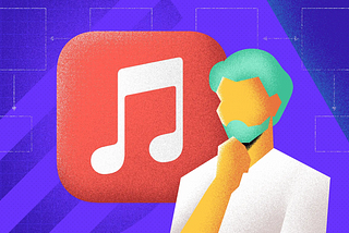 Illustration of person standing in front of Apple Music app icon and pondering in thought.