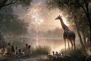 A warm summer evening in a lakeside park during a Fourth of July celebration. Families sit on blankets, children point excitedly toward colorful fireworks bursting over the water. Near the edge of a small grove of trees stands a gentle giraffe, his long neck rising gracefully above the branches. He isn’t the center of attention; only a few children have noticed him. His expression is thoughtful and kind, almost scholarly, as he quietly studies the fireworks like an art critic.