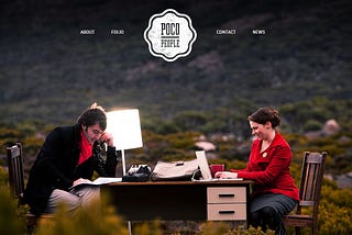 Navigation on top and Logo in the middle nicely place and background photo of man and woman in the sitting on the table.