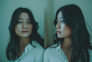 A woman with long black hair looking at herself in a mirror in dim lighting.