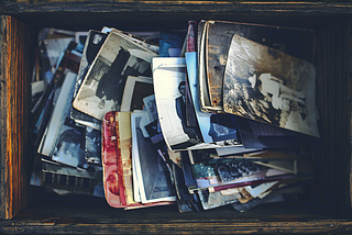 A top view of a wooden box full of vintage photographs