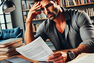 An exasperated book editor at a desk looking at a final draft