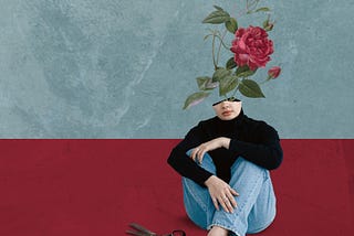 Digital collage art. Woman sitting on the floor, scissors beside her, a rose growing from her head.