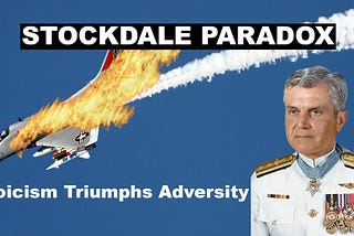 Plane on fire and smoking with James Stockdale in uniform, caption- Stockdale Paradox: Stoicism Triumphs Adversity