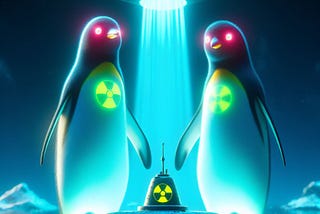 Jethro and Percival, the penguins are in deep trouble. They have ventured under the ice cap in Antarctica looking for the sources of strange sounds they had heard on deep dives. Inside a large cave, three miles under the ice cap, they found a secret door and when they opened it, they triggered a blast of radioactivity. The two brave adventurers are now glowing in the dark and their submarine is clearly compromised.