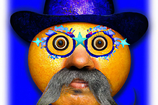 An orange (the fruit) with a face including eyes, nose, mouth, ornate spectacles and long moustache. it is wide-eyed and looking very alert. Wearing a purplish-blue sparkly cowboy hat. Against a vivid blue background. Digital art.