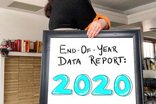 Alyssa (author) stands with back turned to the camera, holding a large frame with the words ‘End of year data report: 2020’