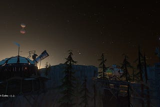 Screenshot of the horizon on Timber Hearth. Observatory and space ship are froegrounded, the twin planets are visible.