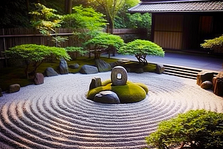 A photo of a peaceful zen garden with warm sun light coming through the trees.