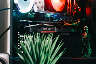 A small green plant sits in front of a custom Personal Computer