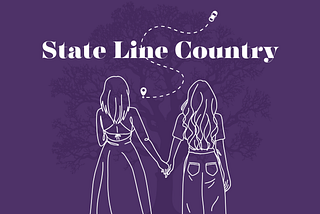 Two best friends leave their state so one can get an abortion. In the picture they’re holding hands. A car route is in front of them with an outline of a Dueling Oak Tree.