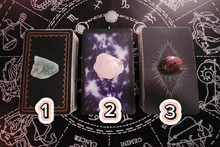 Three tarot card piles topped with crystals, inviting readers to choose for a pick-a-pile reading about ex-friends and their feelings
