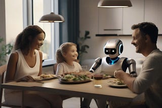 A happy family is sitting around at the dinner table with AI robots.